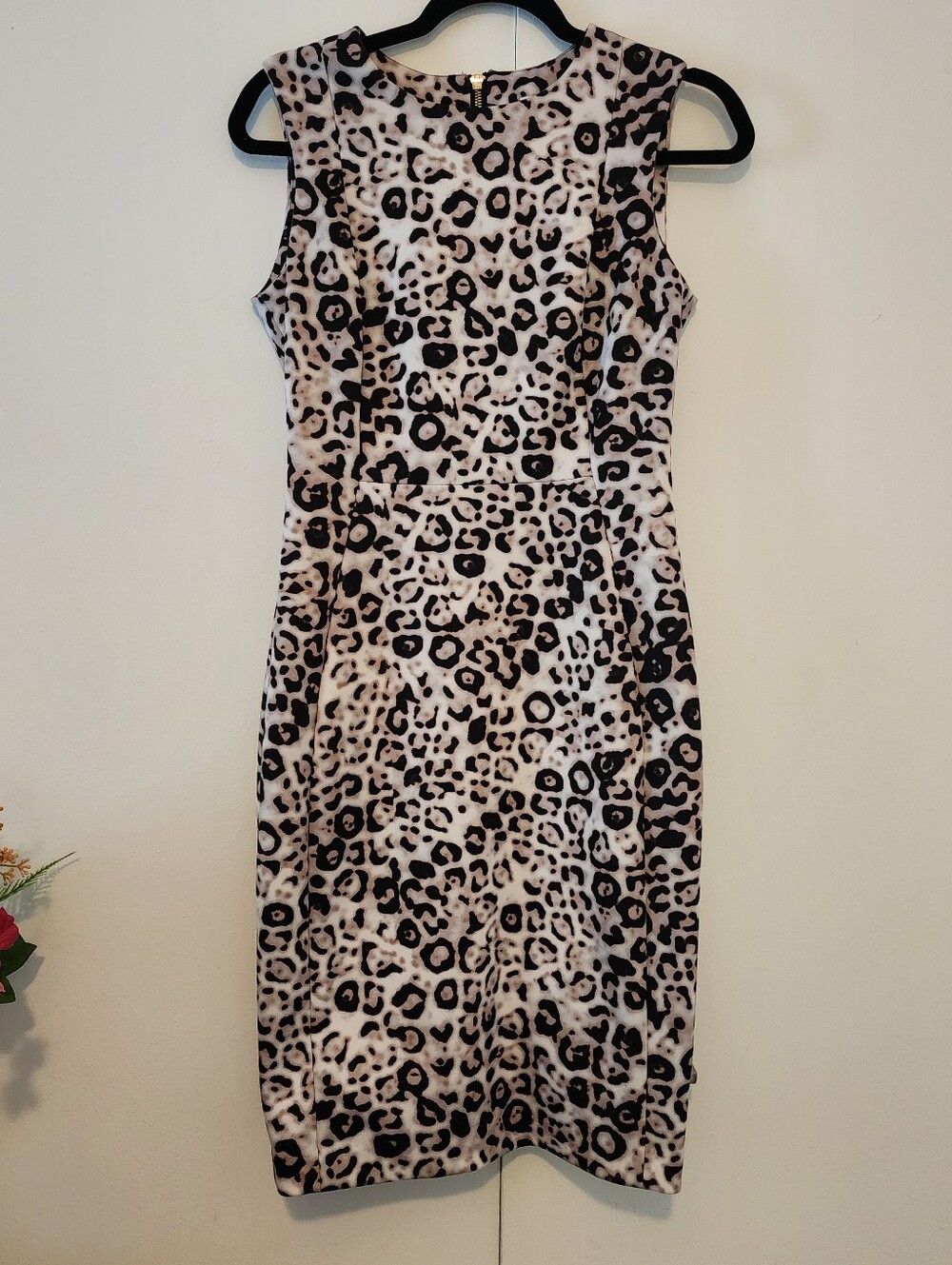 Calvin Klein Beige and Black Leopard Print Midi Sheath Dress